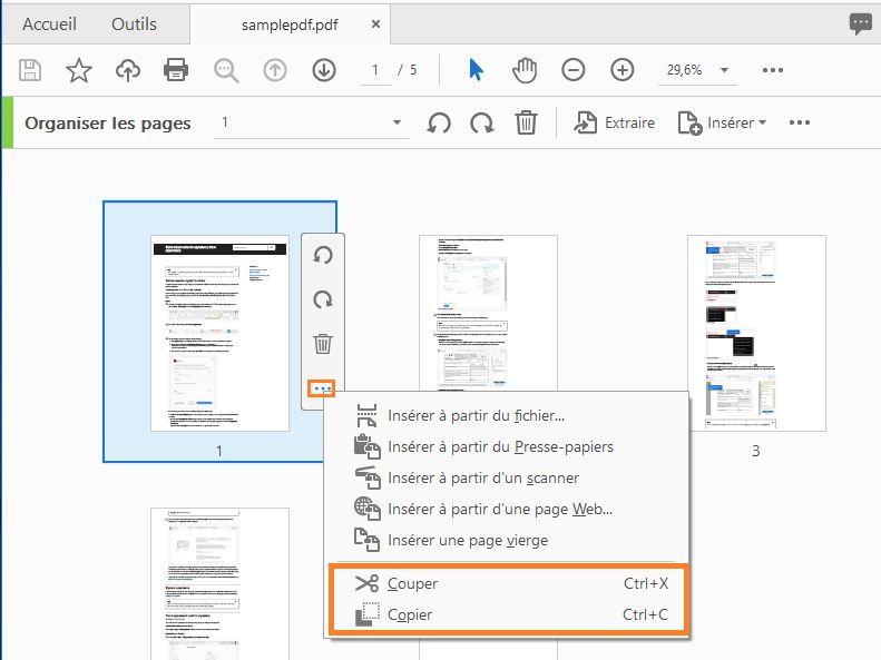 Sélection de Couper-Copier dans le menu Options