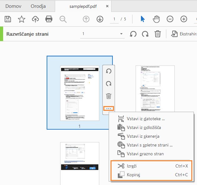 V meniju z možnostmi izberite možnost Izreži, Kopiraj
