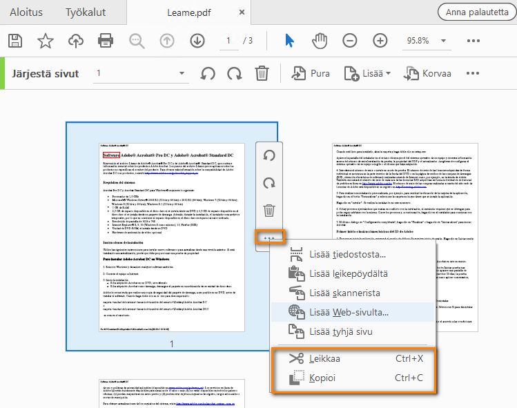 Valitse Asetukset-valikosta Leikkaa tai kopioi