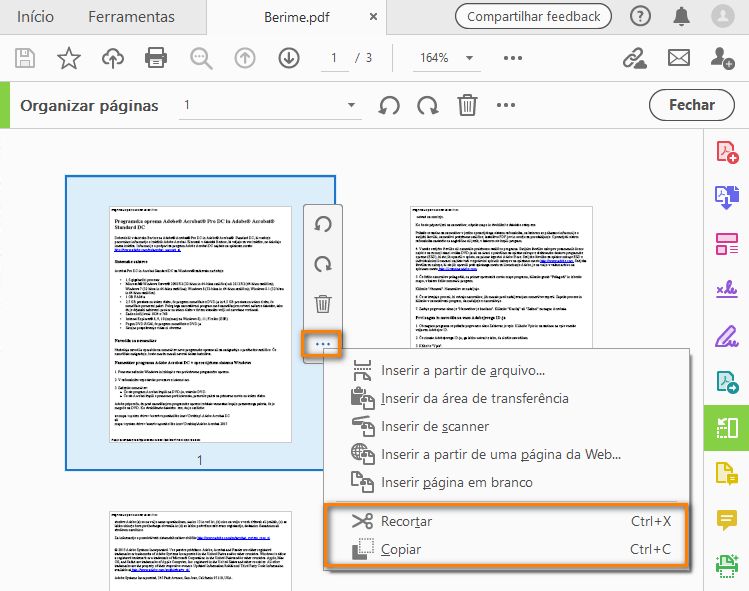 Selecione Cortar, Copiar no menu Opções