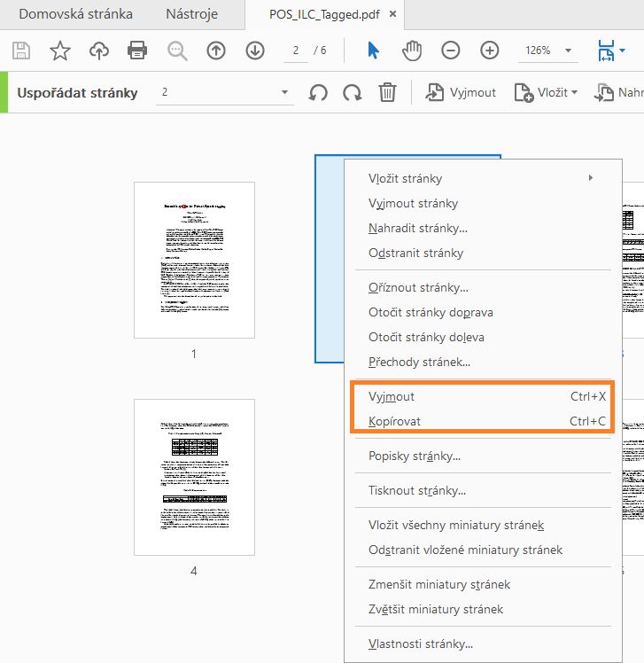 Vyjmout, Kopírovat z nástroje Uspořádat miniatur stránek