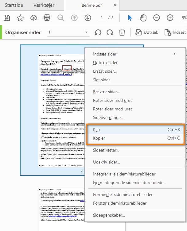 Klip, Kopiér fra Organiser-værktøjets sideminiaturer