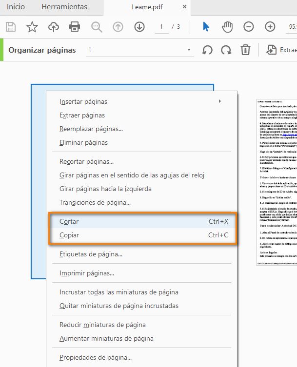 Cortar, copiar desde las miniaturas de página de la herramienta Organizar
