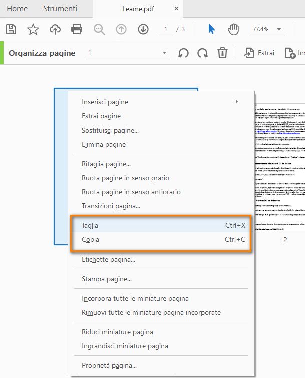 Taglia e Copia nello strumento Organizza per le miniature delle pagine