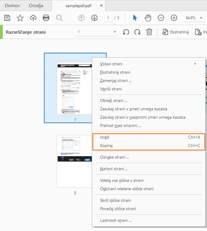 Izreži, kopiraj s sličice strani za orodje Razvrščanje strani