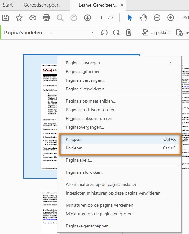 Knippen en kopiëren met het gereedschap Indelen voor paginaminiaturen
