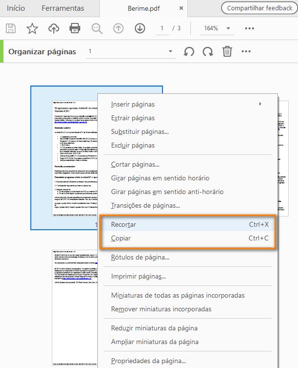 Cortar, Copiar nas miniaturas da página da ferramenta Organizar