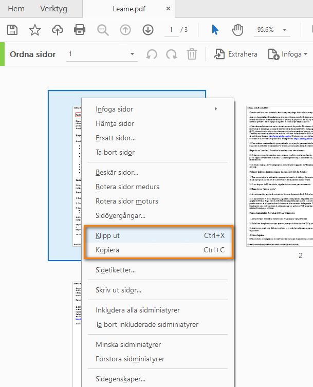 Klipp ut och kopiera med verktyget Ordna på sidminiatyrer