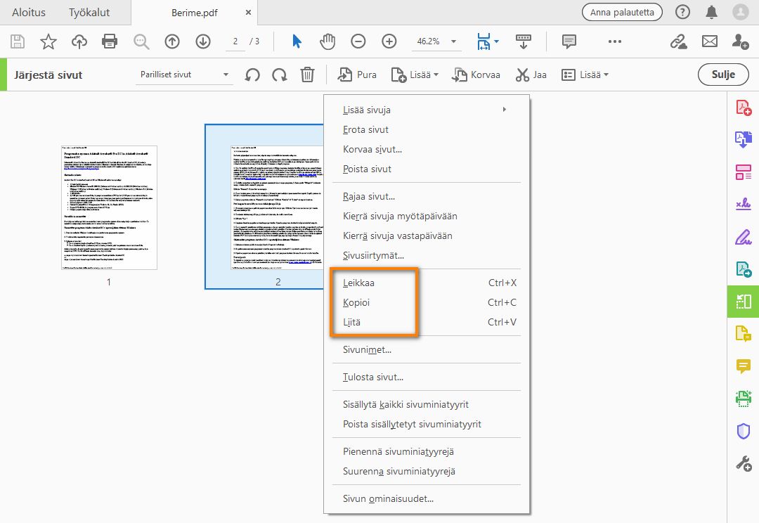 Napsauta hiiren kakkospainiketta ja kopioi sivu