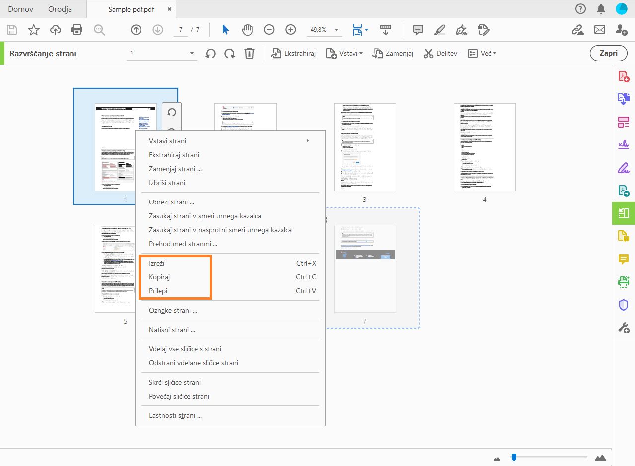 Kliknite z desno tipko miške in kopirajte stran.