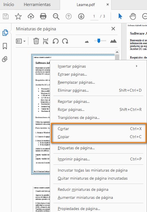 Cortar, Copiar desde el menú contextual de las miniaturas de página