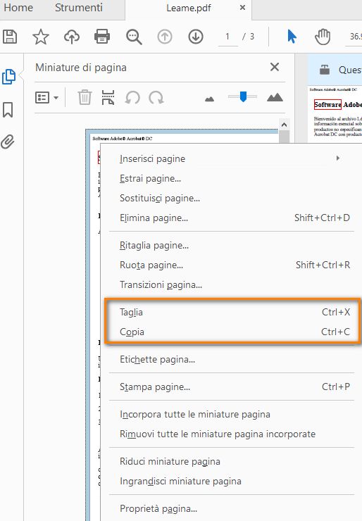 Taglia e Copia nel menu di scelta rapida delle miniature di pagina
