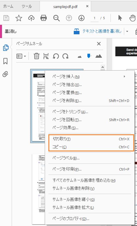 ページサムネールコンテキストメニューから「カット」、「コピー」を選択