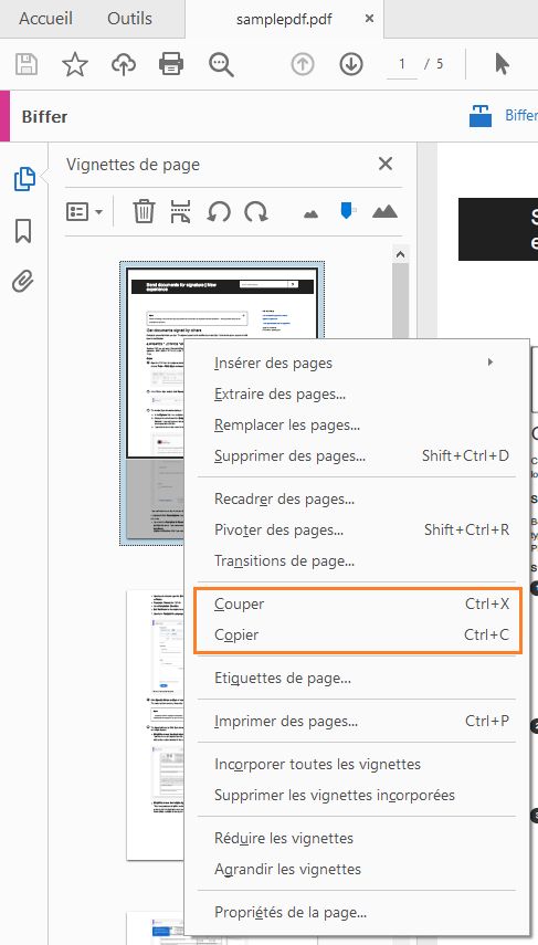 Couper-Copier à partir du menu contextuel des vignettes de page
