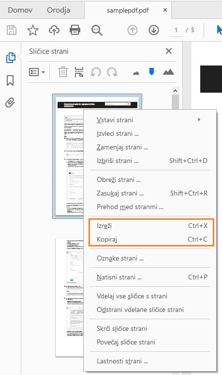 Izreži, kopiraj v kontekstnem meniju sličic strani