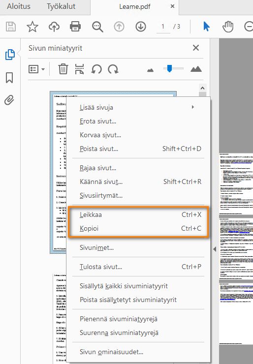 Sivuminiatyyrien tilannekohtaisen valikon Leikkaa- ja Kopioi-toiminnot