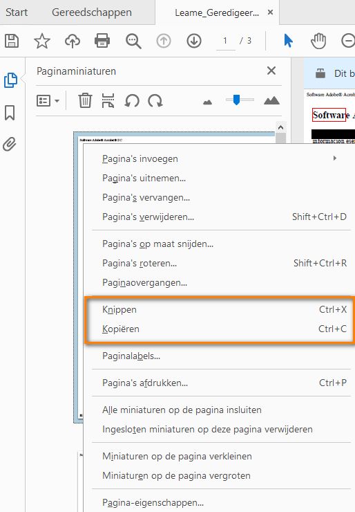 Knippen, Kopiëren via het contextmenu van paginaminiaturen