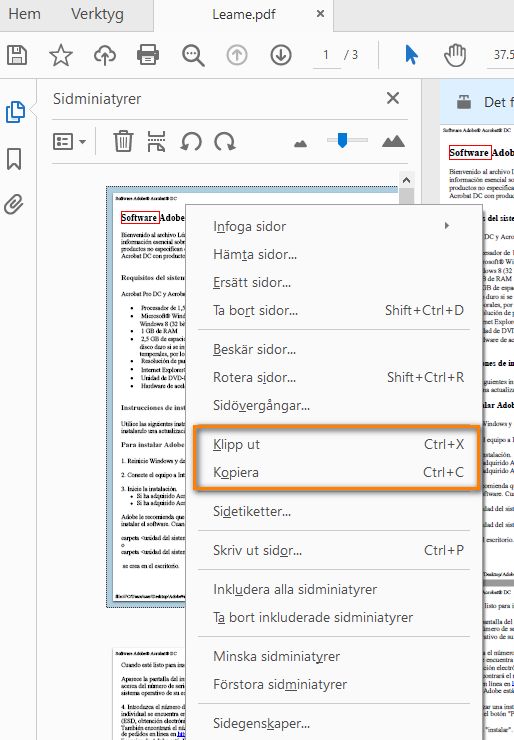 Klipp ut och kopiera från snabbmenyn på sidminiatyrer