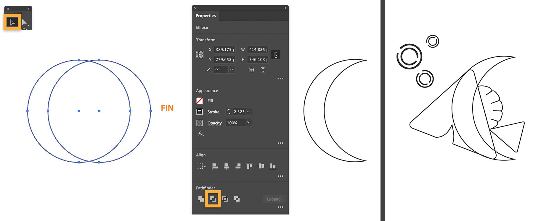 أداة Pathfinder، خيار Minus Front يطرح أجزاء من الدوائر المتداخلة لإنشاء زعنفة على شكل هلال. 