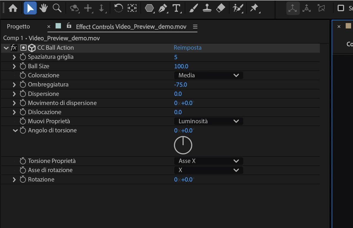 L’effetto CC Ball Action viene visualizzato nel pannello Controllo effetti. Sono stati aggiunti numerosi nuovi controlli come spostamento, ombreggiatura e colorazione. 