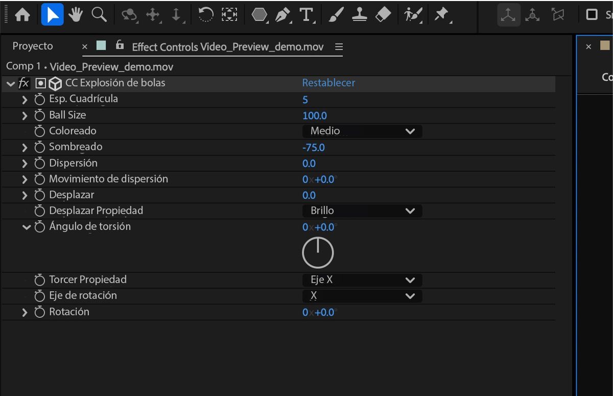 La acción de bola CC está abierta en el Panel de control de Efectos. Se han añadido varios controles nuevos, como el desplazamiento, el sombreado y el color. 
