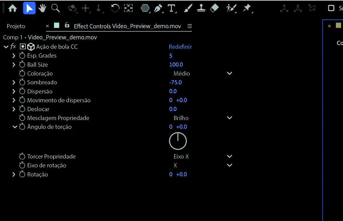 O efeito Ação de bola CC está aberto no painel Controle de efeitos. Vários novos controles foram adicionados, como deslocamento, sombreamento e coloração. 