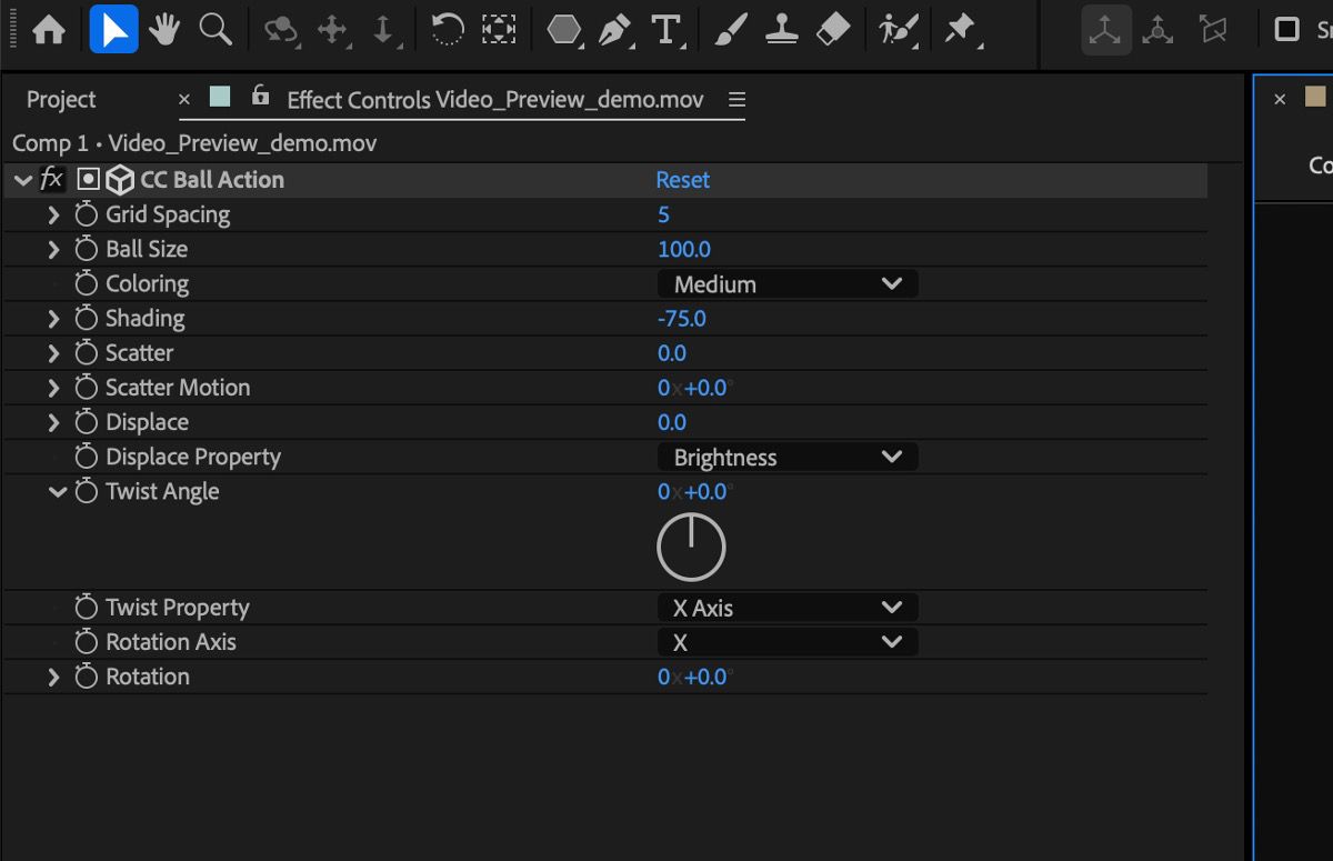The CC Ball Action is open in the Effects Contorls panel. There are multiple new controls that have been added such as displacement, shading, and coloring. 