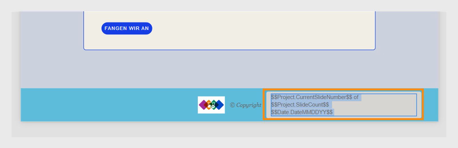 Ein Beispiel für das Hinzufügen einer Datumsvariable innerhalb der Folienanzahl-Textkomponente