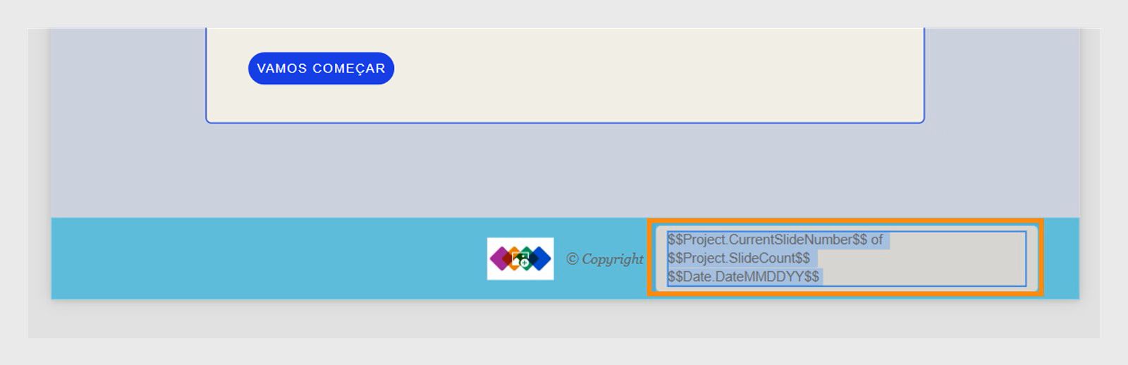 Um exemplo de adição de uma variável de data dentro do componente de texto com a contagem de slides