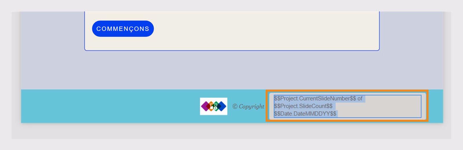Exemple d’ajout d’une variable de date dans le composant de texte du nombre de diapositives