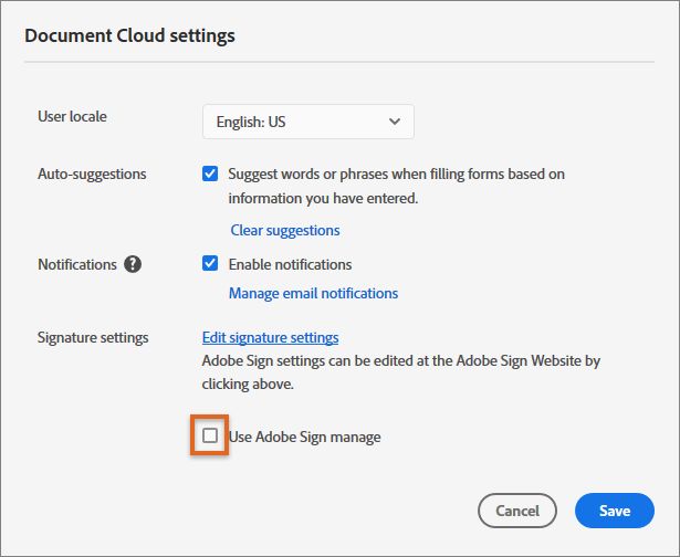 Wählen Sie die Option „Adobe Sign verwalten“ verwenden.