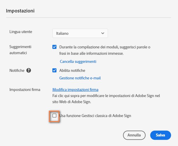 Selezionare l’opzione Usa funzione Gestisci di Adobe Sign