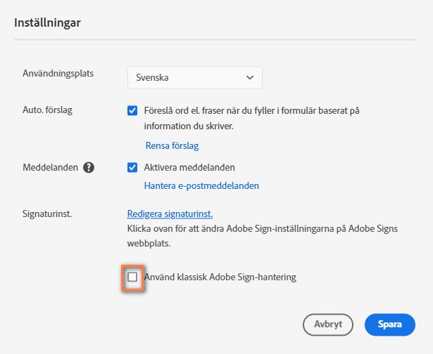 Markera alternativet Använd Adobe Sign-hantering