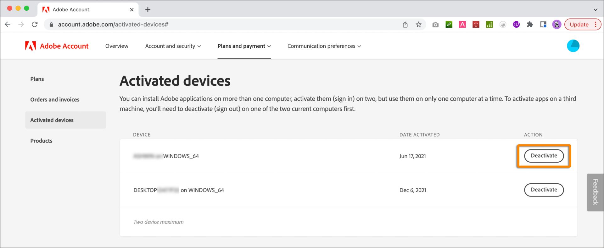 Desative um dispositivo da sua conta da Adobe