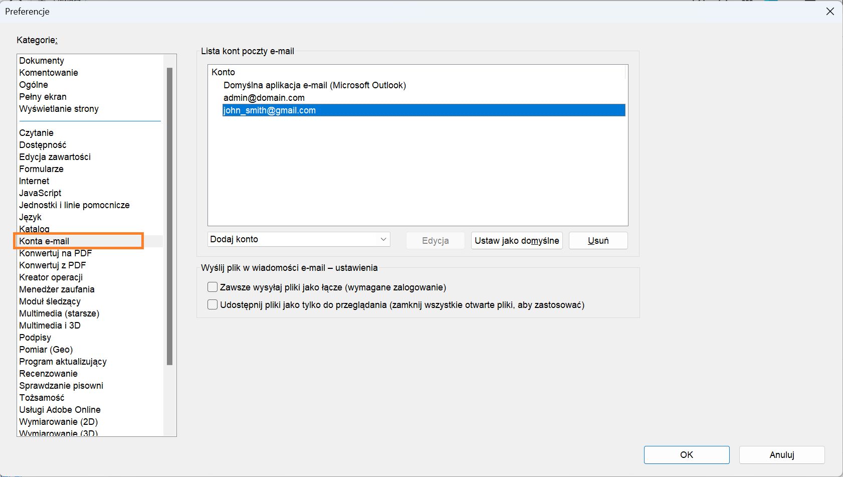 Dodawanie, usuwanie lub ustawianie konta e-mail jako domyślnego