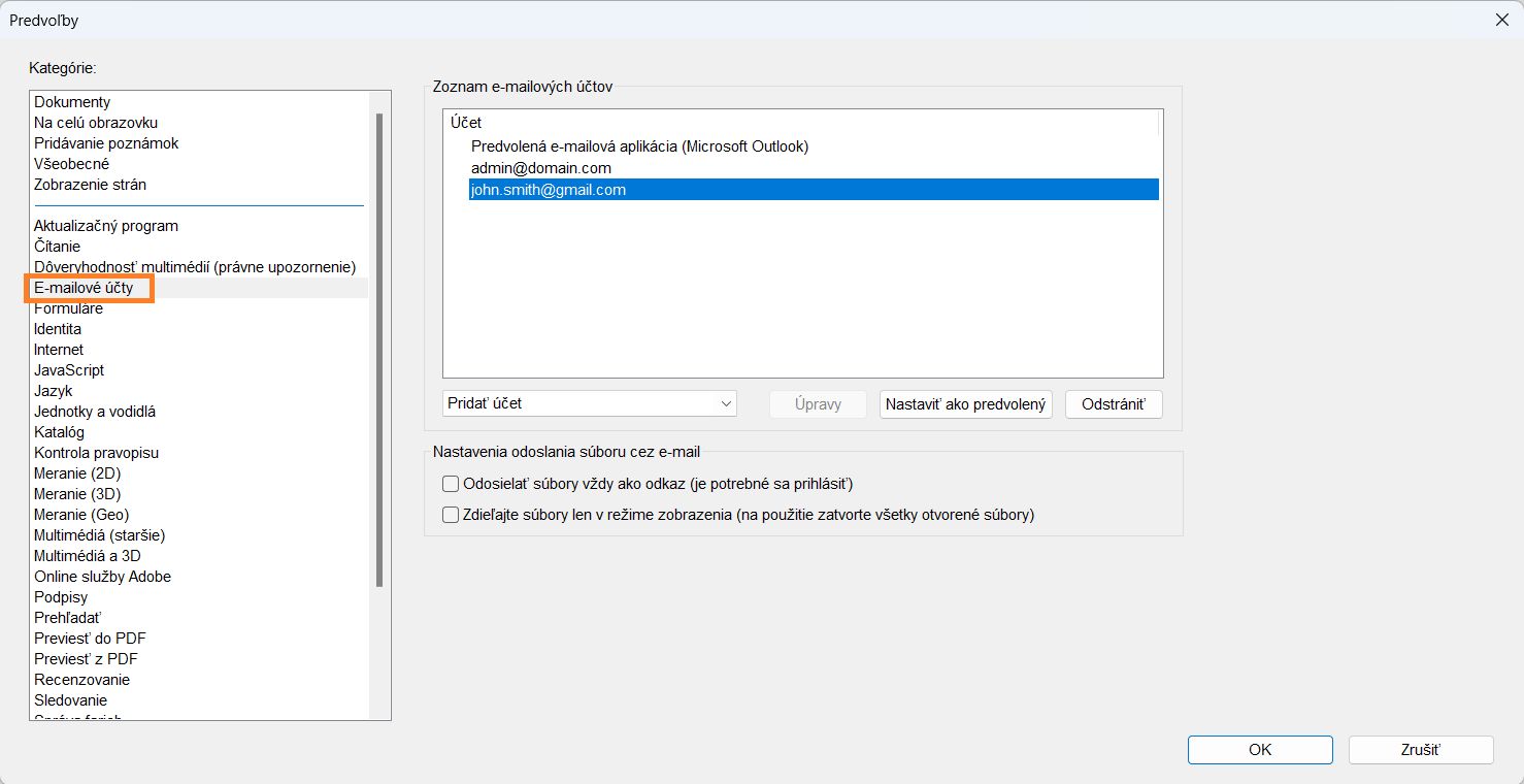 Pridanie, odstránenie alebo nastavenie e-mailového účtu ako predvoleného