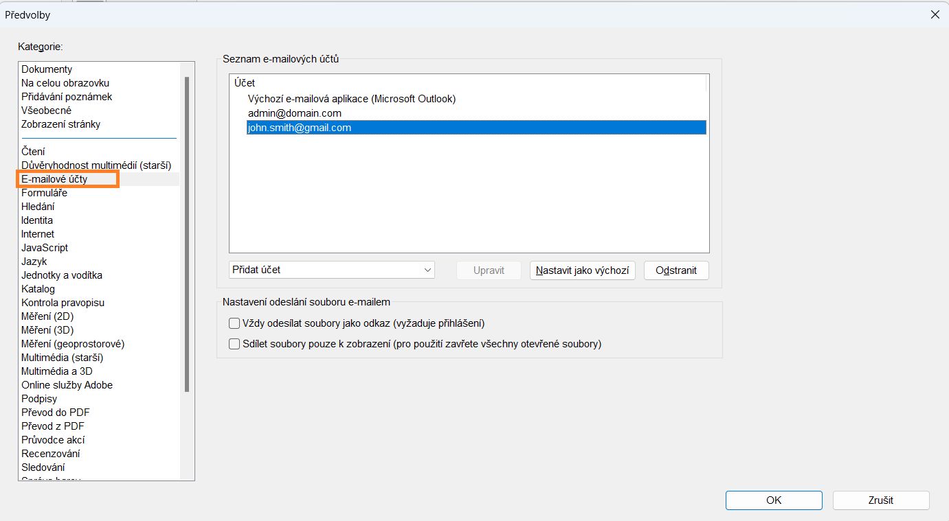 Přidání, odstranění nebo nastavení výchozího e-mailového účtu