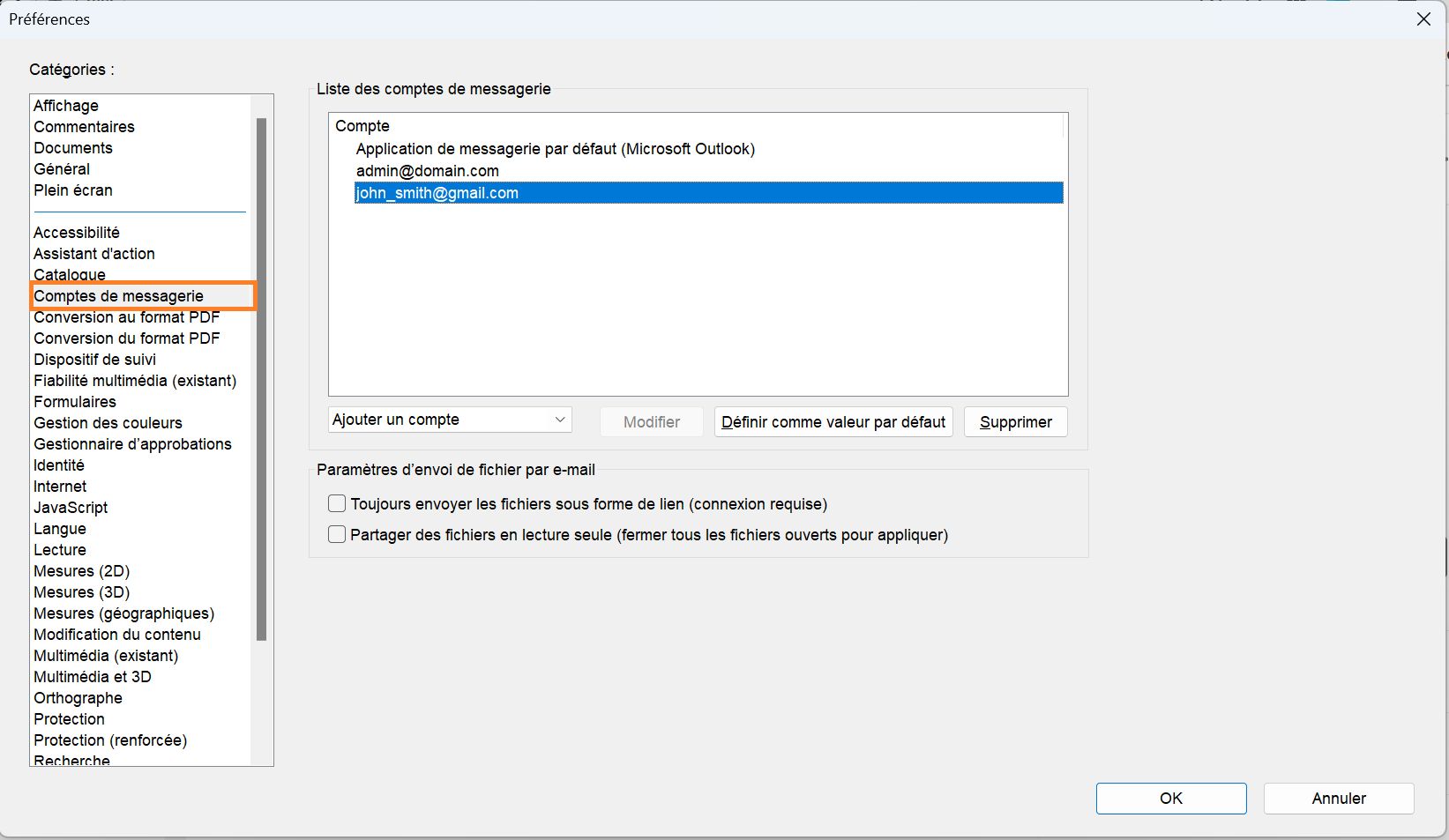 Ajout, suppression ou définition d’un compte de messagerie par défaut