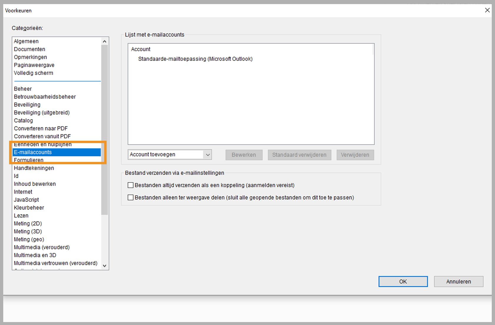 Een e-mailaccount als standaard toevoegen, verwijderen of instellen