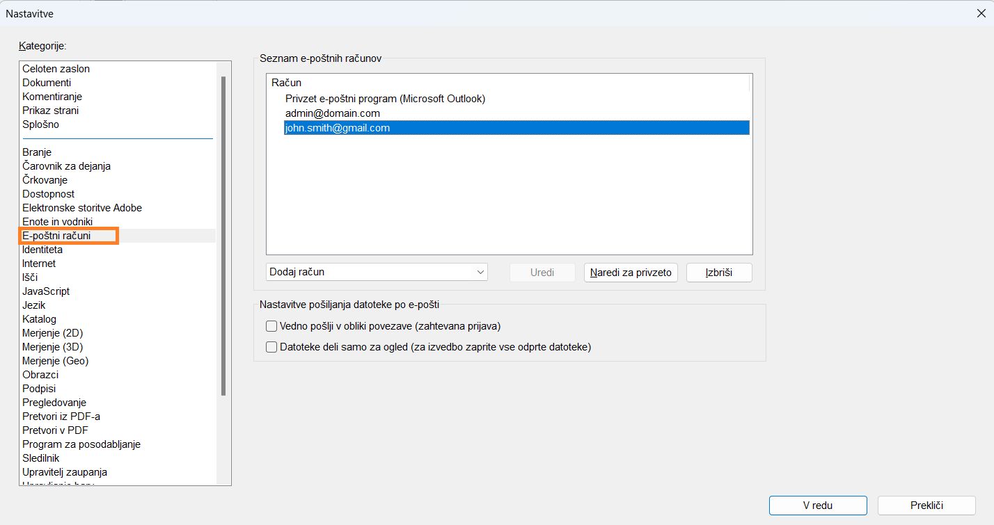 Dodajte, izbrišite ali nastavite privzeti e-poštni račun