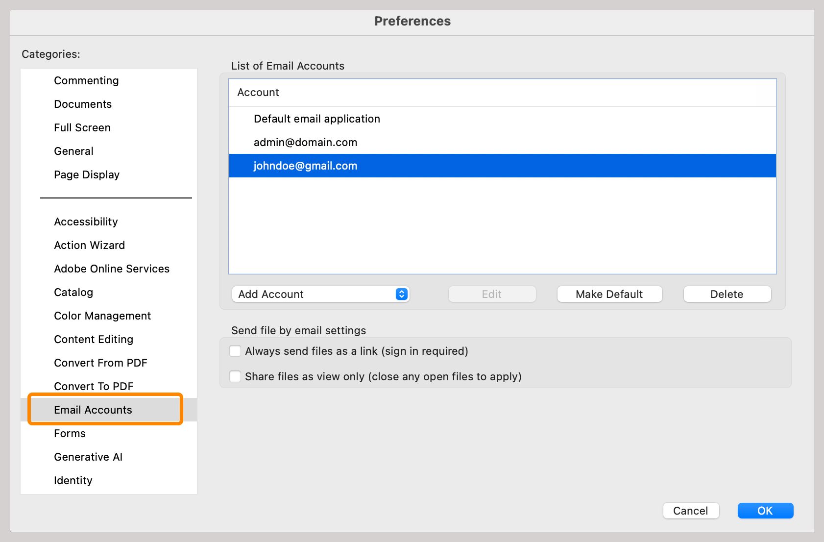 הוספה, מחיקה או הגדרה של חשבון דוא&quot;ל כברירת מחדל