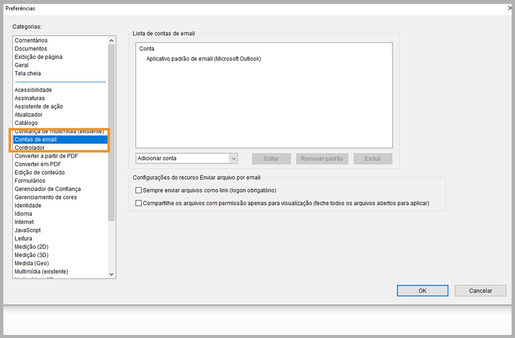 Adicionar, excluir ou definir uma conta de email como padrão