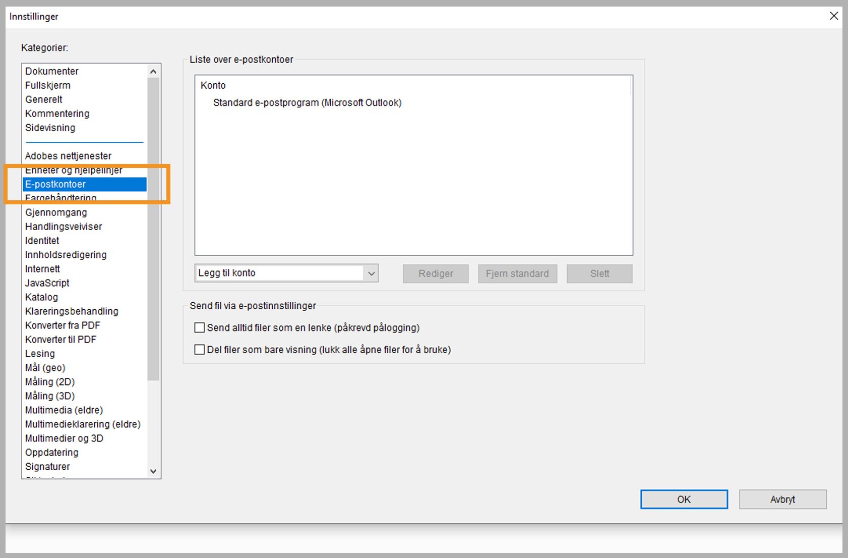 Legg til, slett eller angi en e-postkonto som standard