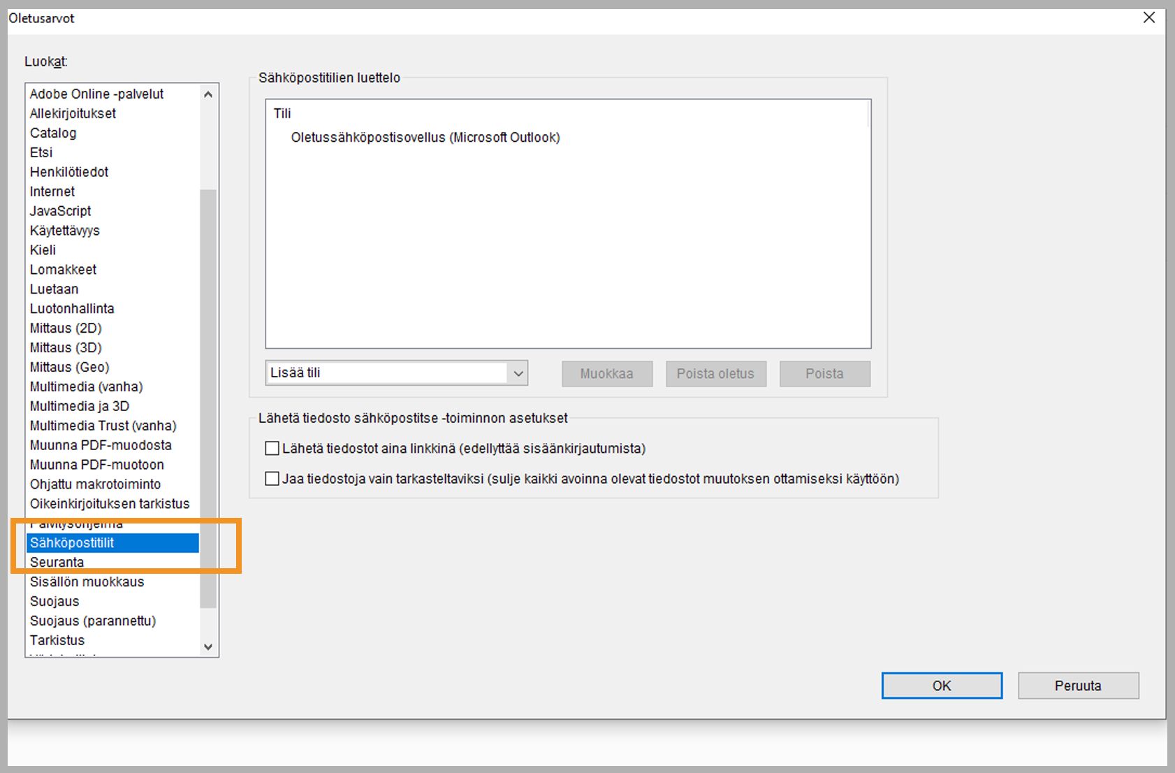 Lisää, poista tai määritä sähköpostitili oletukseksi