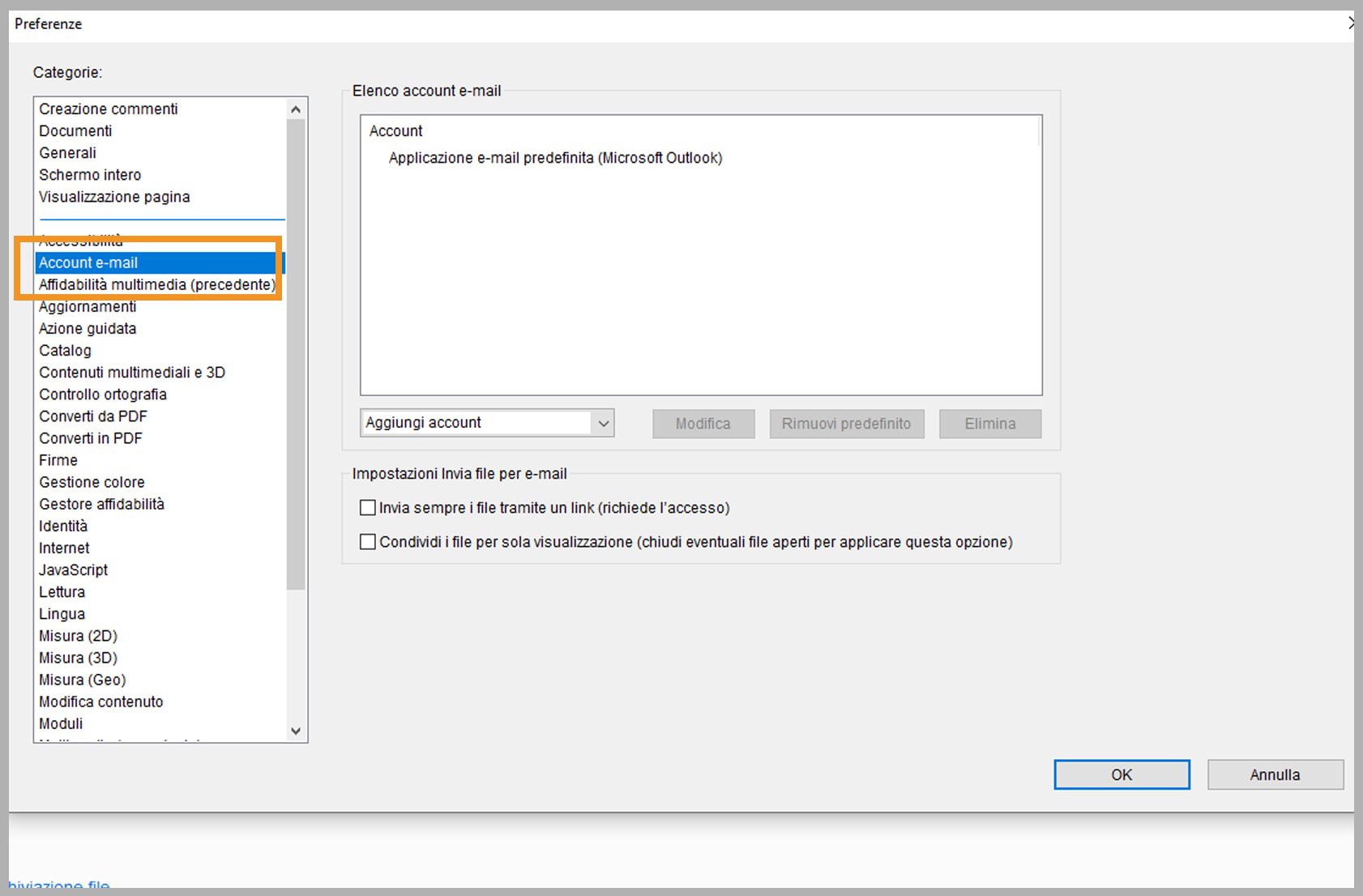 Aggiungere, eliminare o impostare un account e-mail come predefinito