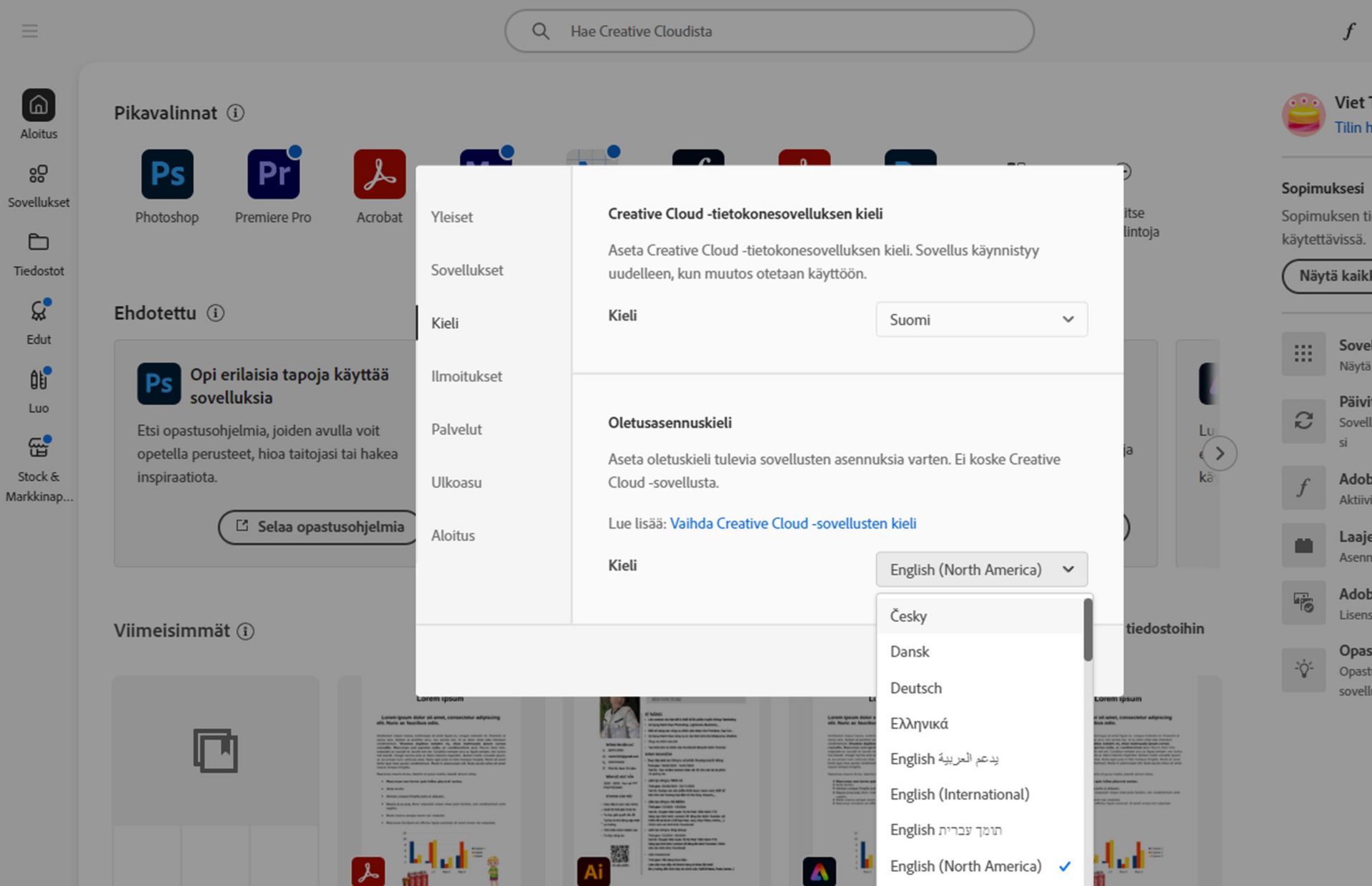 Asetusten ikkunan Kieli-välilehdellä näkyvät vaihtoehdot Creative Cloud -tietokonesovelluksen kielen ja oletusasennuskielen valitsemiseen.