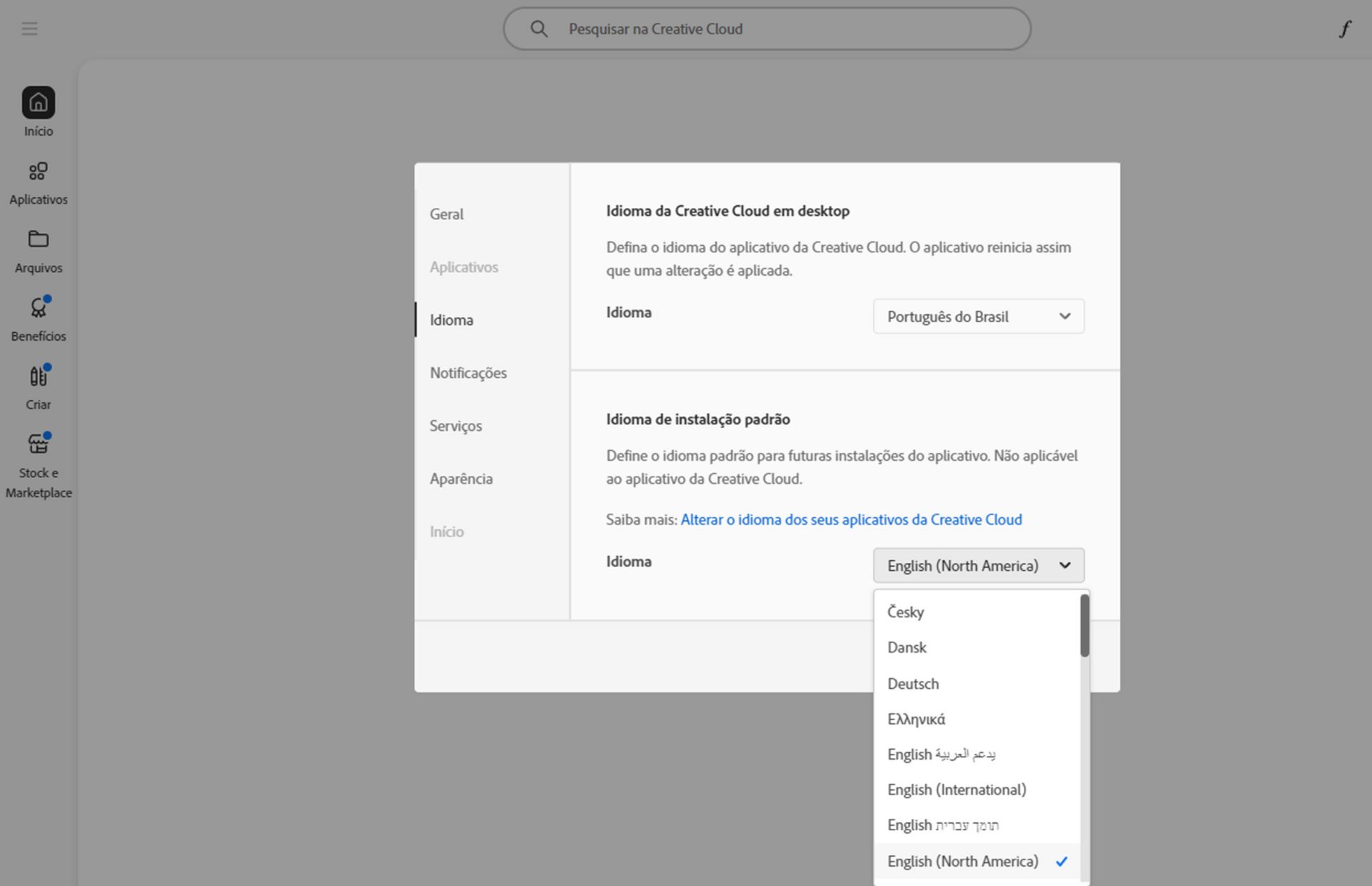 A guia “Idioma” da janela “Preferências” mostra opções de selecionar o idioma da Creative Cloud para desktop e o idioma padrão de instalação.