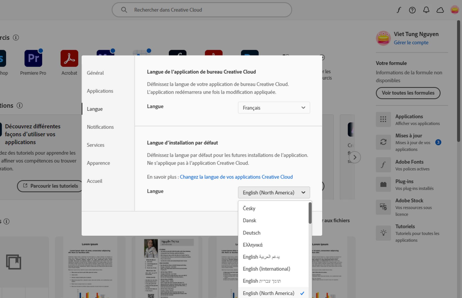 L’onglet Applications de la fenêtre Préférences affiche les options permettant d’activer ou de désactiver les mises à jour automatiques, de sélectionner l’emplacement d’installation et la langue d’installation par défaut et d’afficher les applications plus anciennes. 