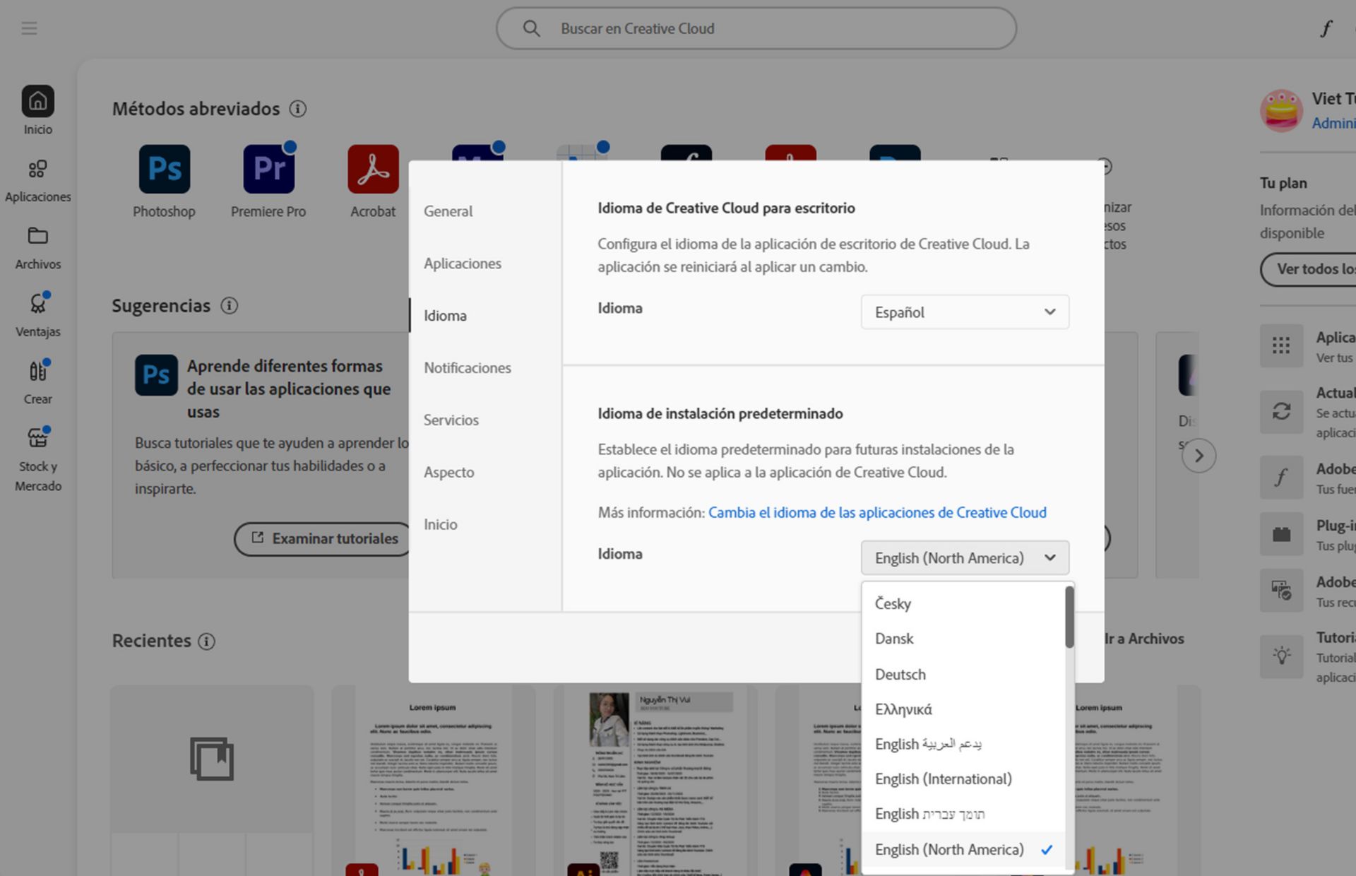 La pestaña Idioma de la ventana Preferencias muestra opciones para seleccionar el idioma de Creative Cloud para escritorio y el idioma de instalación predeterminado.