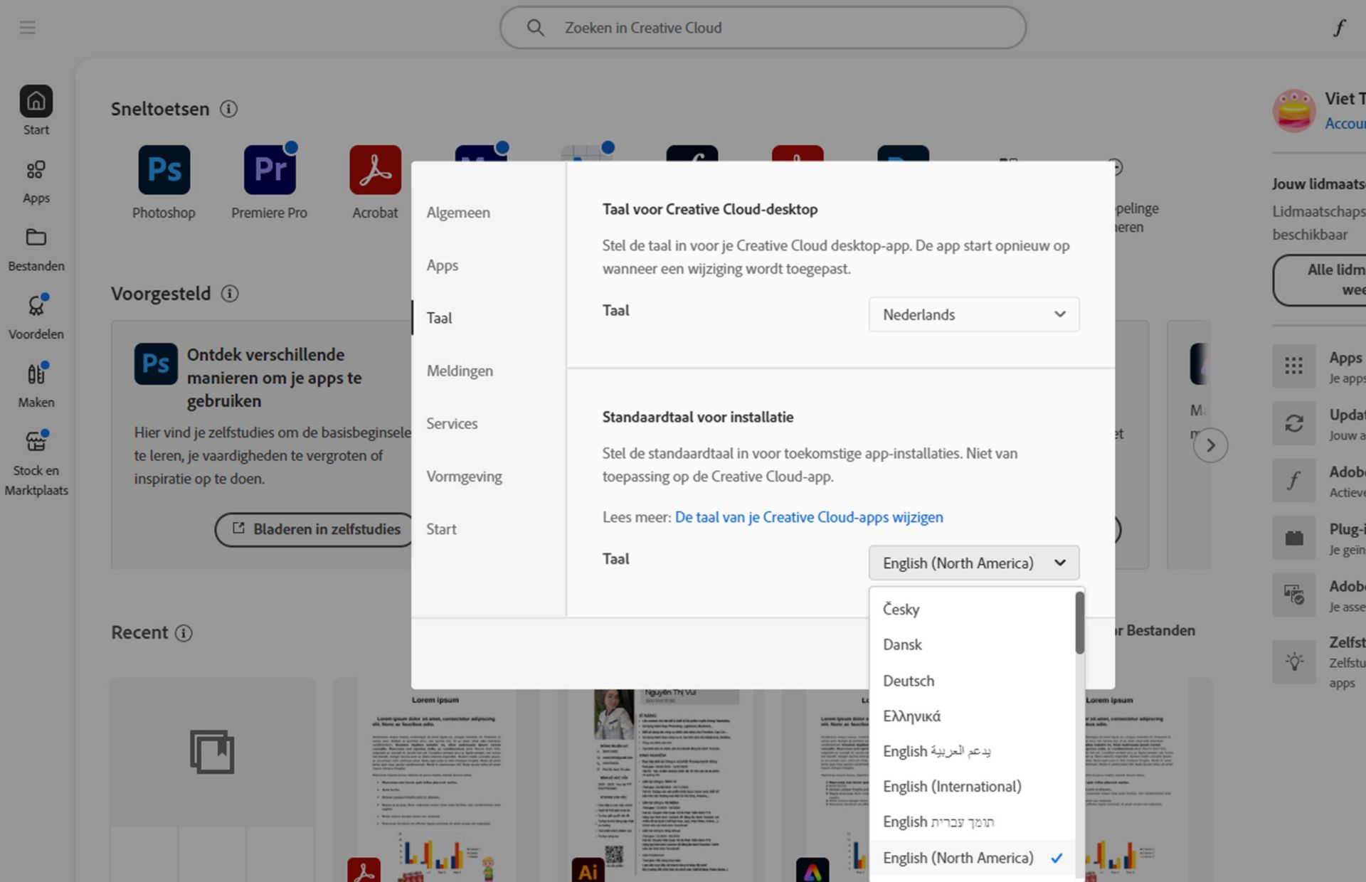 Het tabblad Taal van het venster Voorkeuren toont opties om de Creative Cloud-desktoptaal en de standaard installatietaal te selecteren.